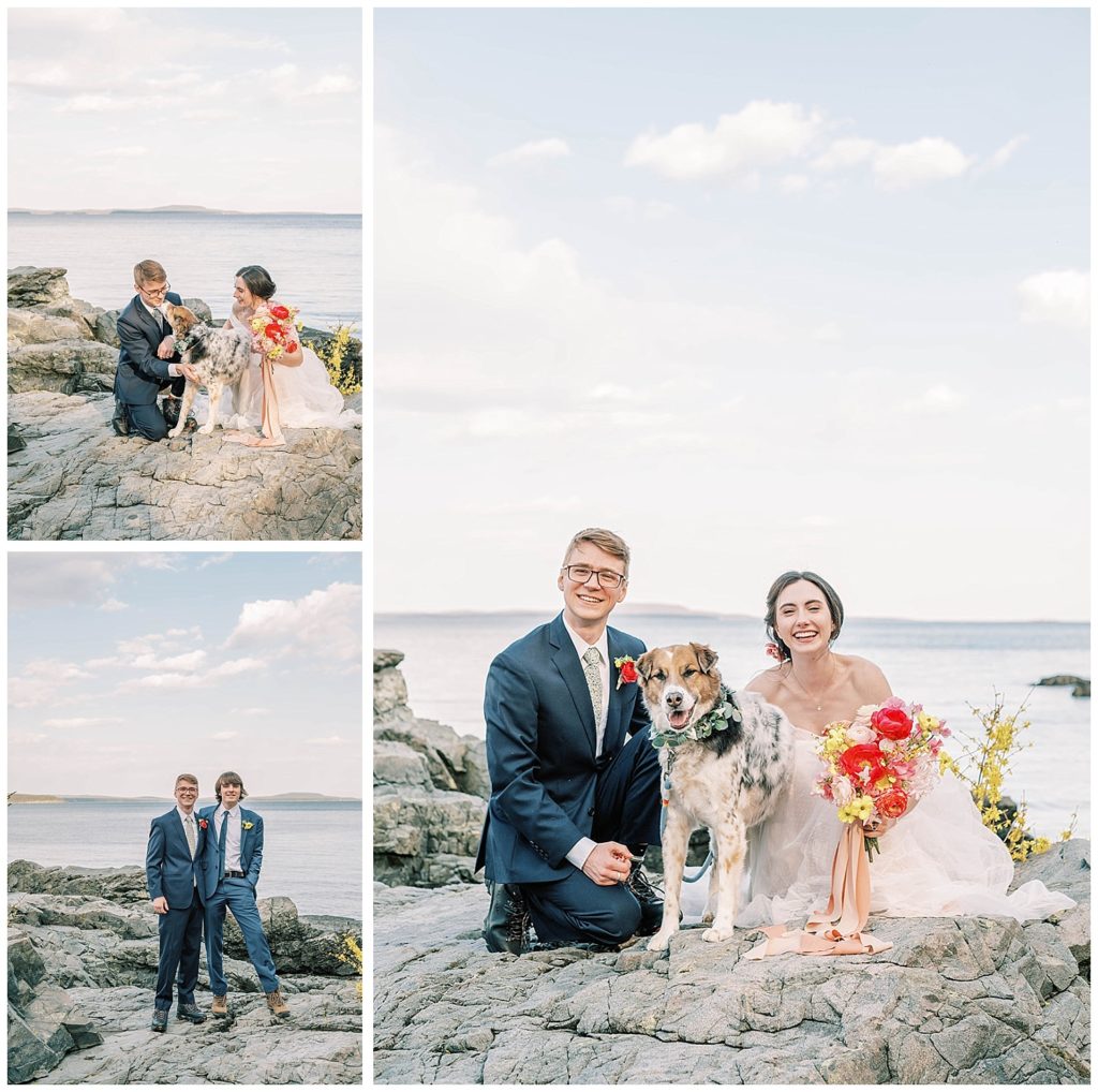 bride and groom posing with their dog at Maine elopement