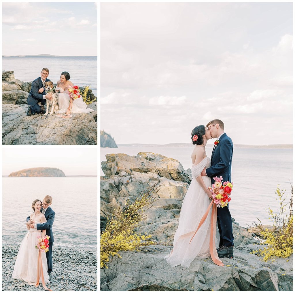 sunset portraits of bride and groom in Maine