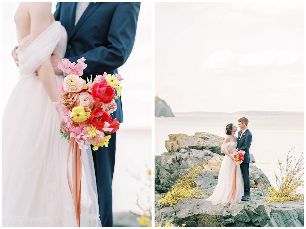 details of bride's bouquet in Acadia National Park