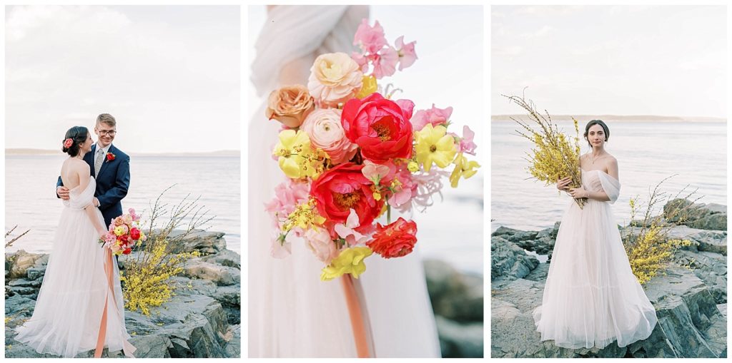 bride and florals on beach at Acadia National Park