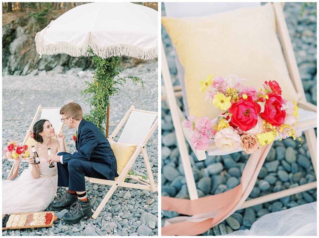 wedding couple sitting in chairs at beach in Maine