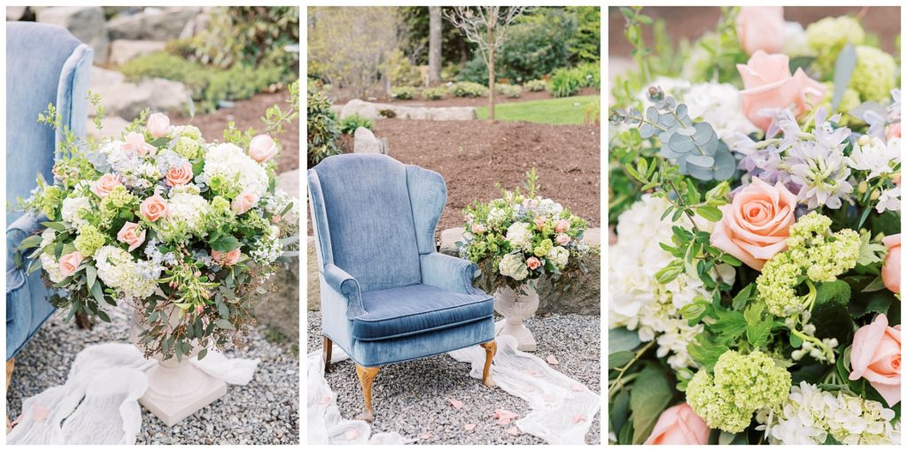 a blue chair and floral details of a photography event