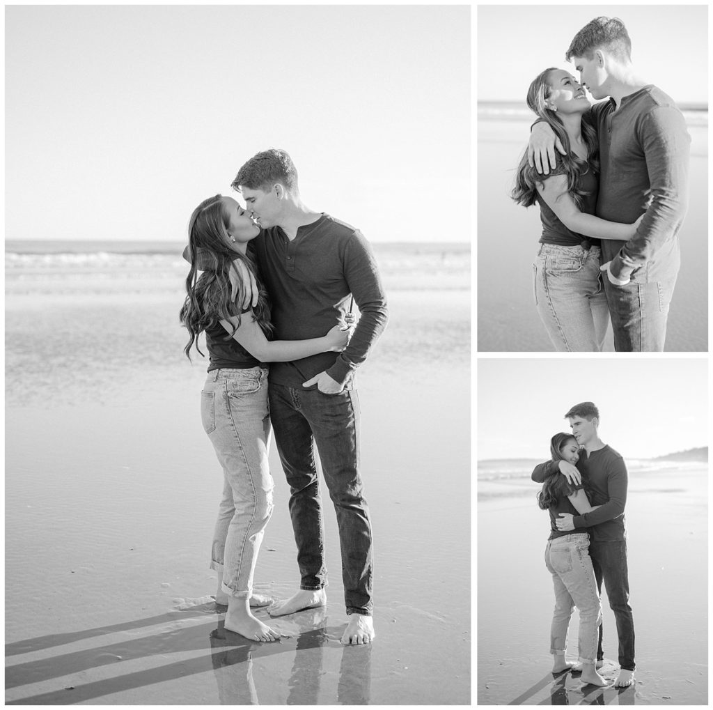 black and white of couple holdiing each other on the beach