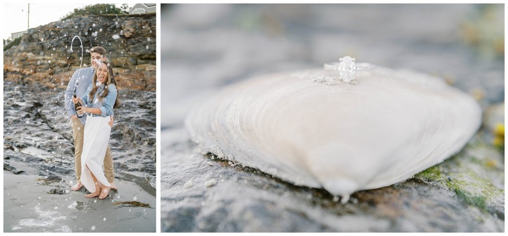close up on engagement ring on shell at beach
