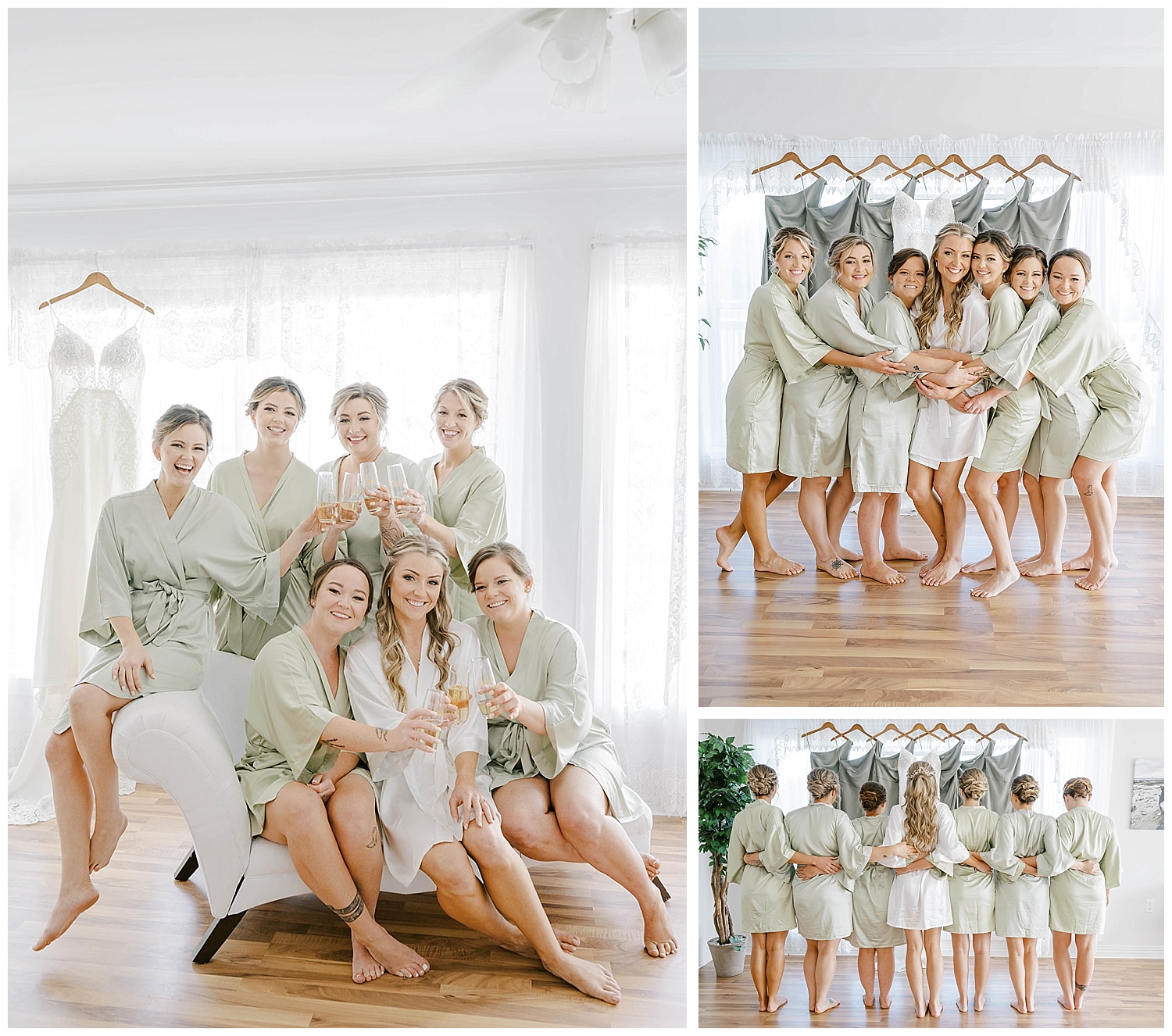 bride and bridesmaids hugging and posing with champagne