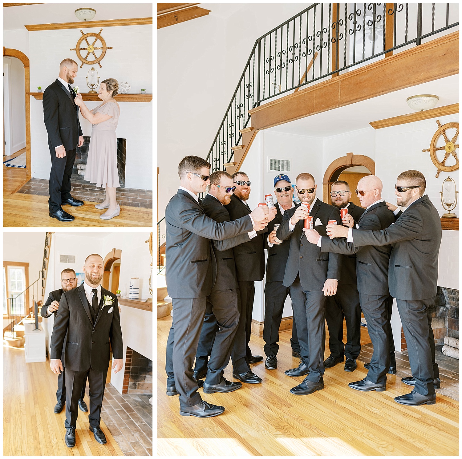 groom getting dressed and posing with groomsmen wearing sunglasses