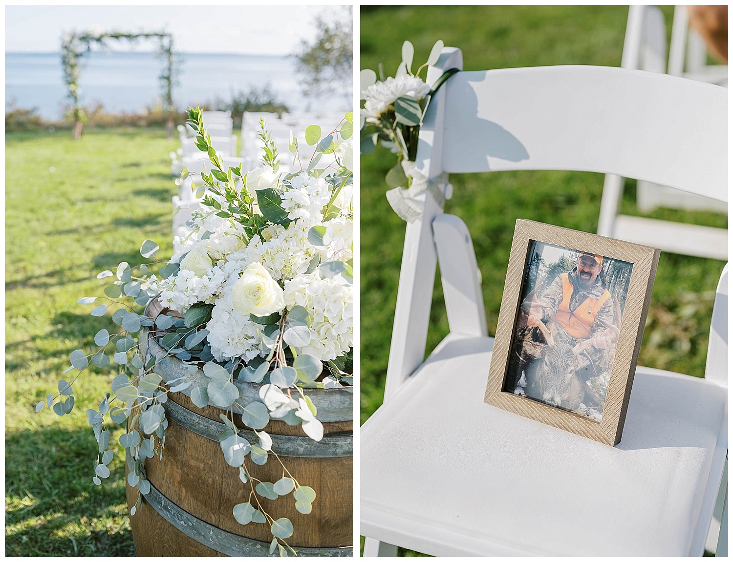 details of wedding flowers and photo of bride's late father