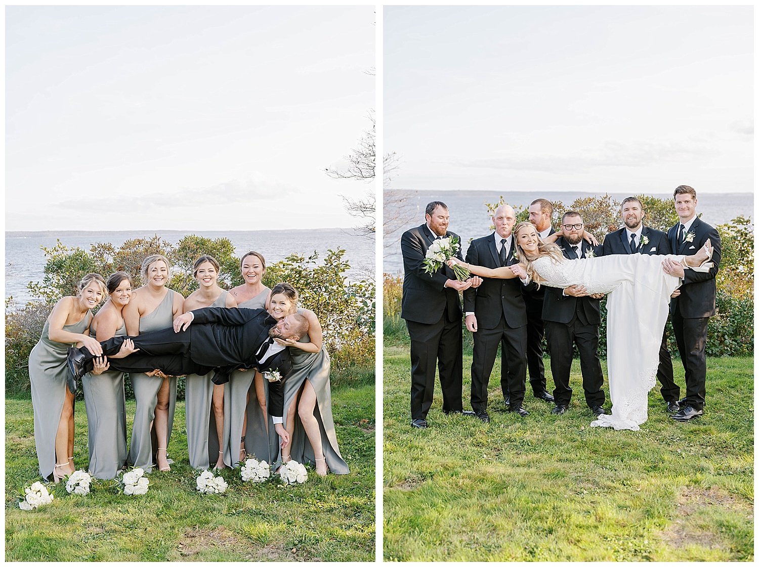 bride and groom being held in the air by bridal party