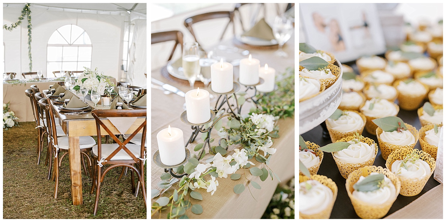 details of tables, cakes, and decorations at wedding reception