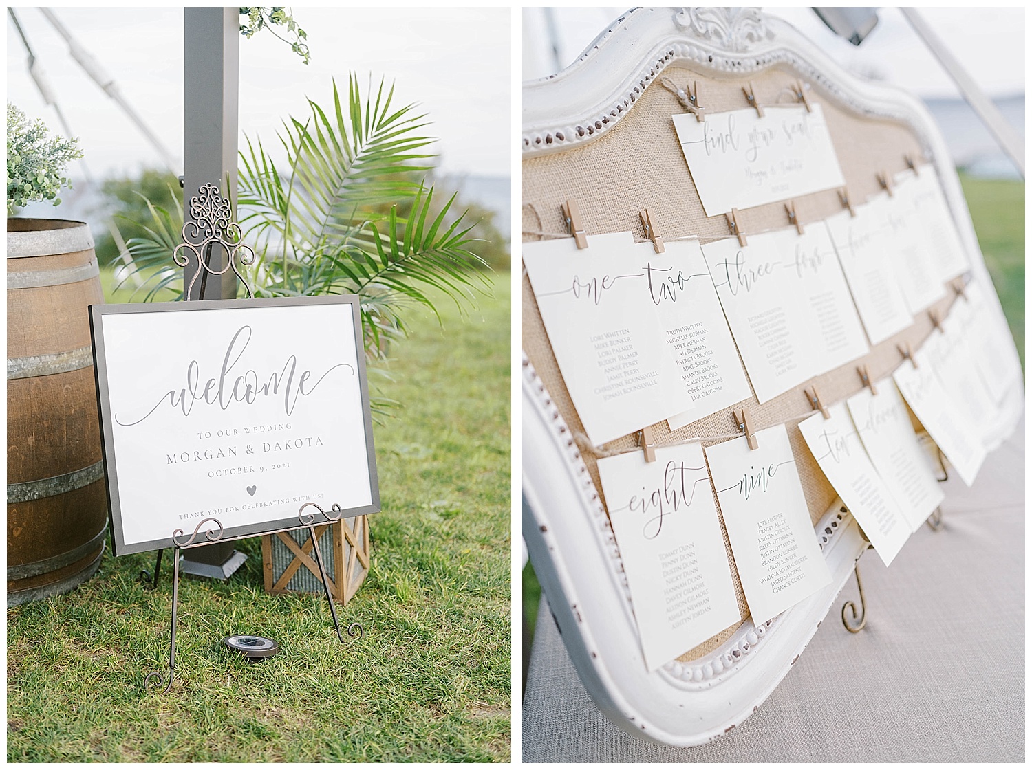 welcome sign and table seating chart at wedding