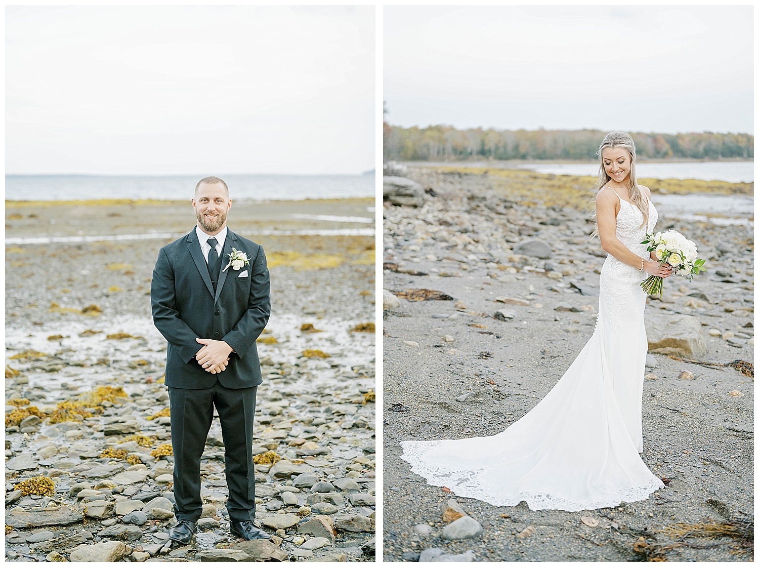individual images of bride and groom on the shore