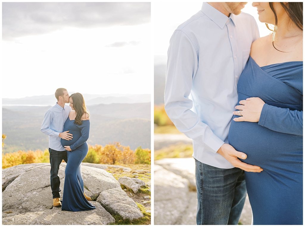 couple posing on a rock for maternity photos at sunset