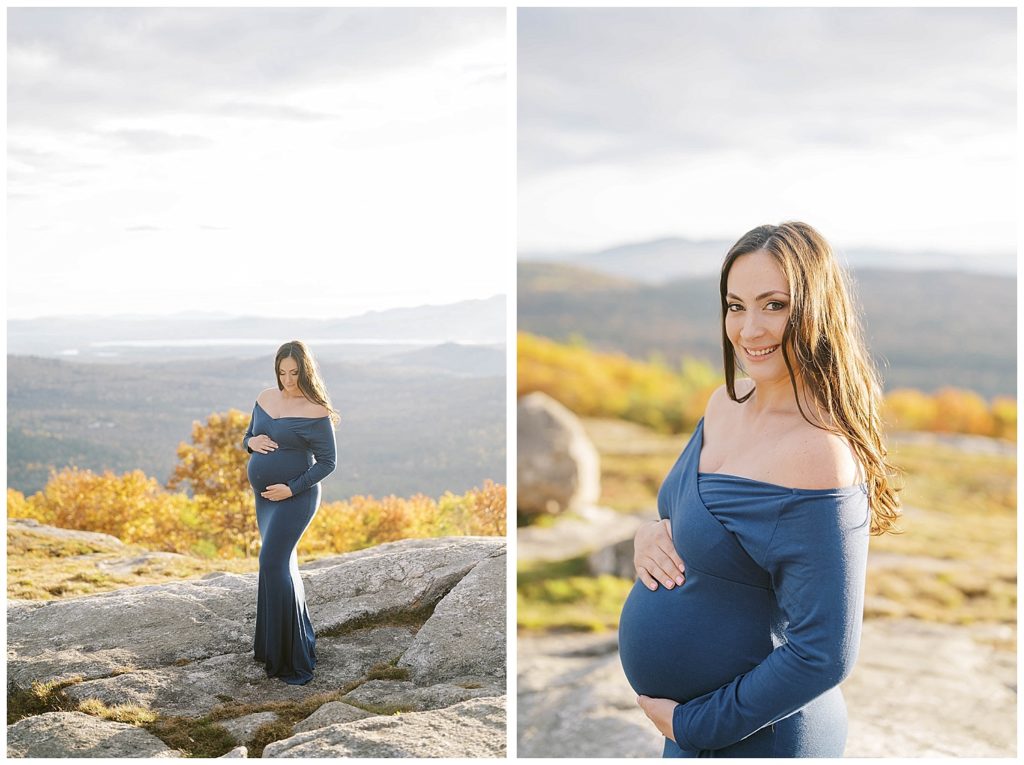 mom to be posing in blue dress on top of a rock 