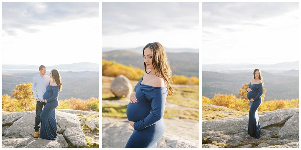couple looking at each other on top of rock for  maternity photos