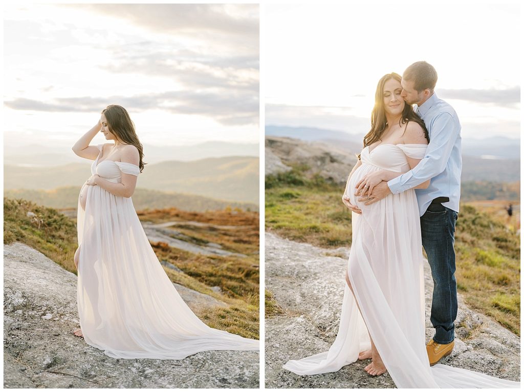 mom to be posing in white dress on Foss Mountain