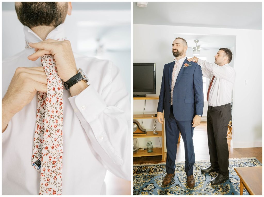 groom getting ready and putting on tie