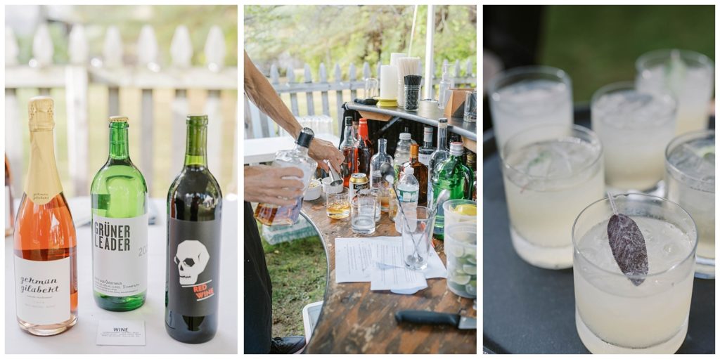 close up details of drinks and wine at outdoor wedding ceremony in Maine