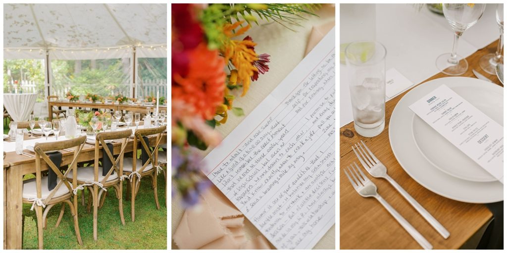 details of wedding seating and plate setting and vows at maine wedding