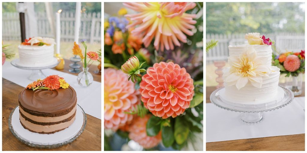 detail of flowers and wedding cakes at wedding