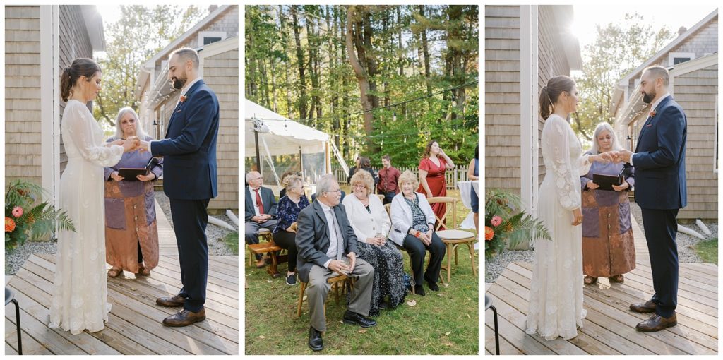 bride and groom exchanging rings during wedding ceremony in Maine