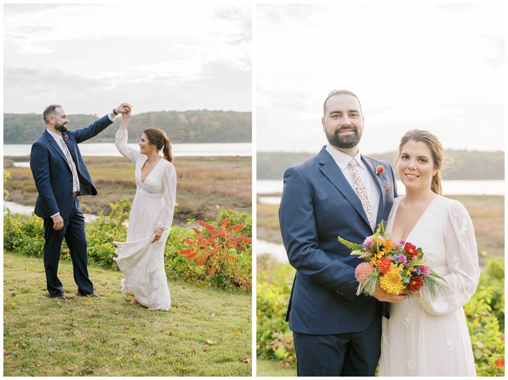 bride and groom spinning during wedding photos in Maine