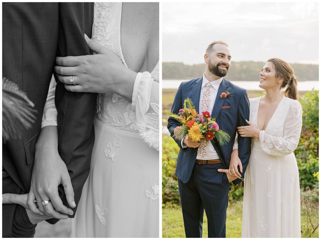 bride and groom looking at each other during portraits outside 