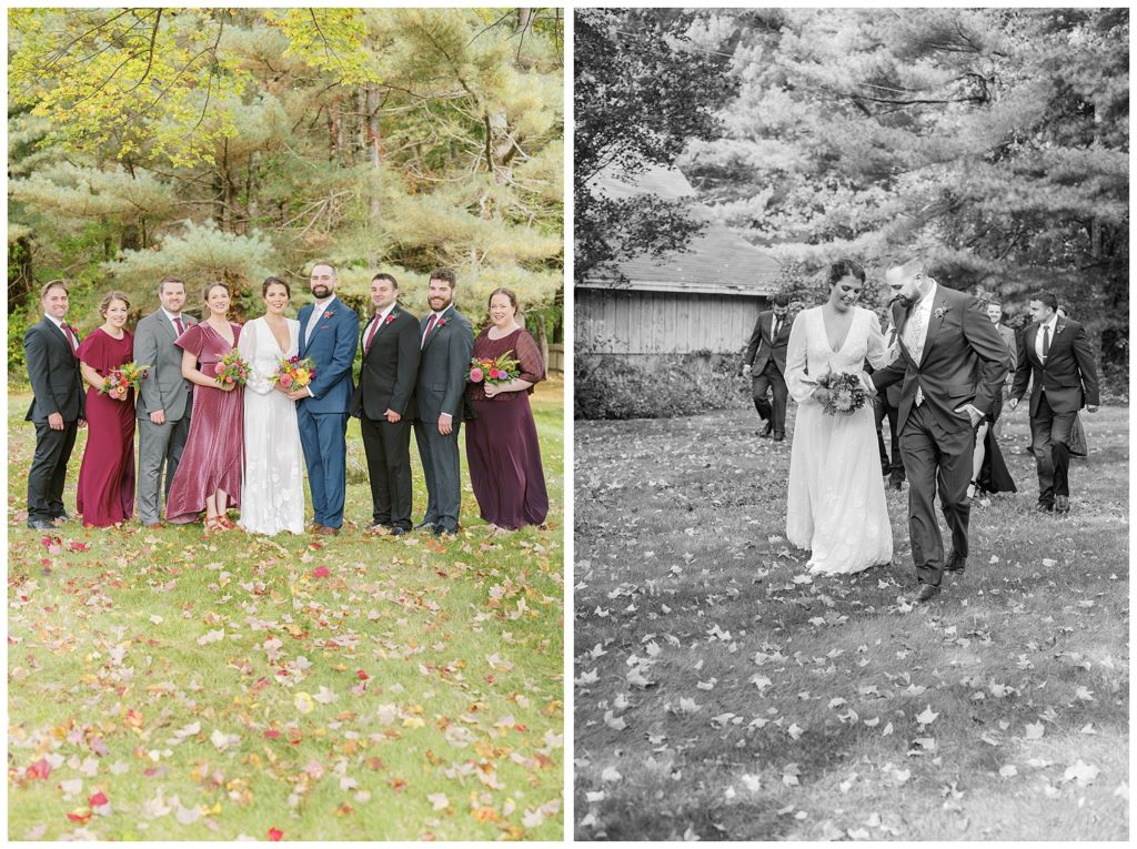 bridal party posing for photos outside at Maine wedding