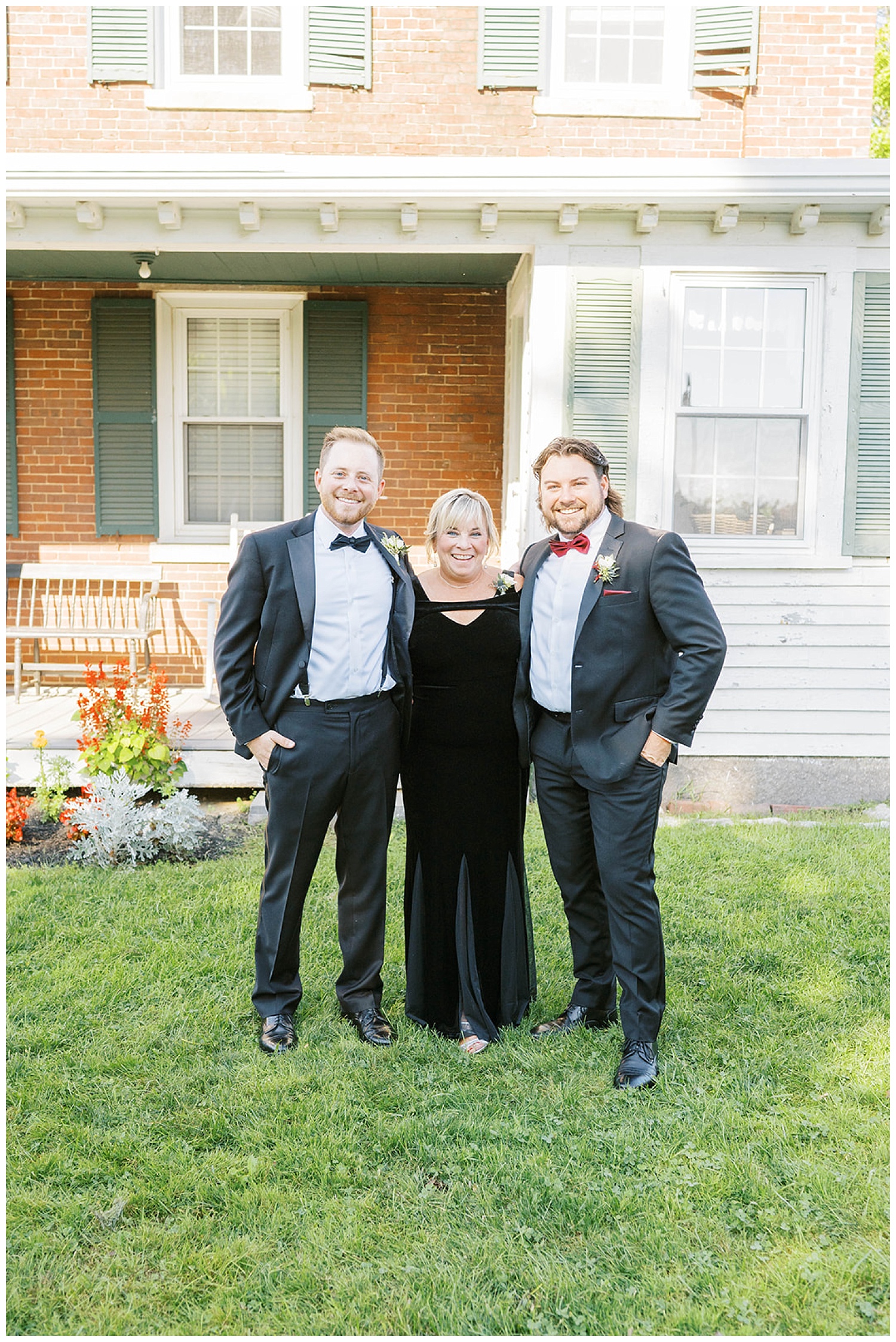groom posing with his mom and brother at Maine wedding