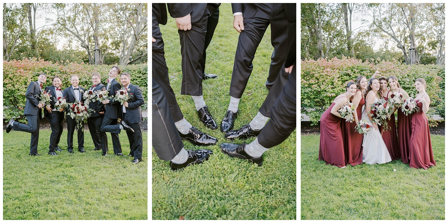close up of groomsmen socks at wedding in Maine