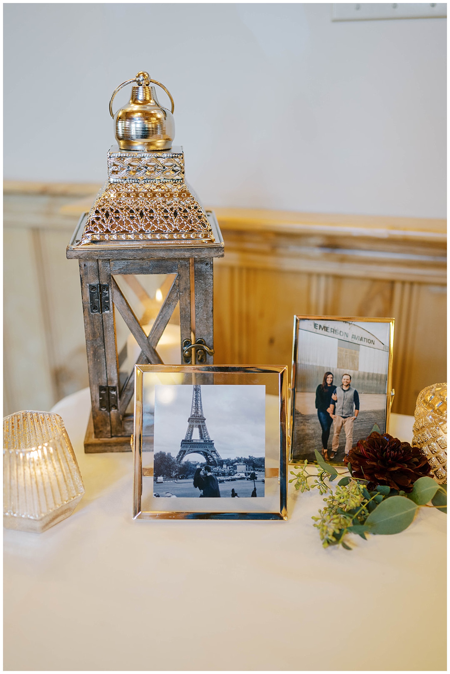 framed photos of bride and groom at wedding