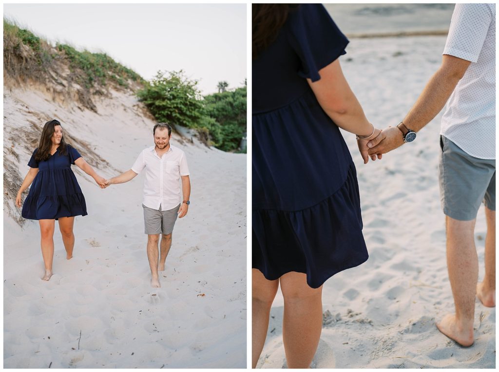 couple holding hands at Mayflower Beach engagement