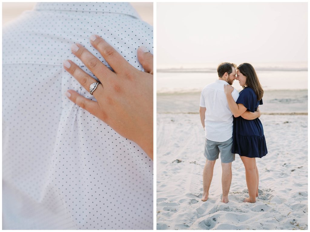 couple holding each other at engagement beach session