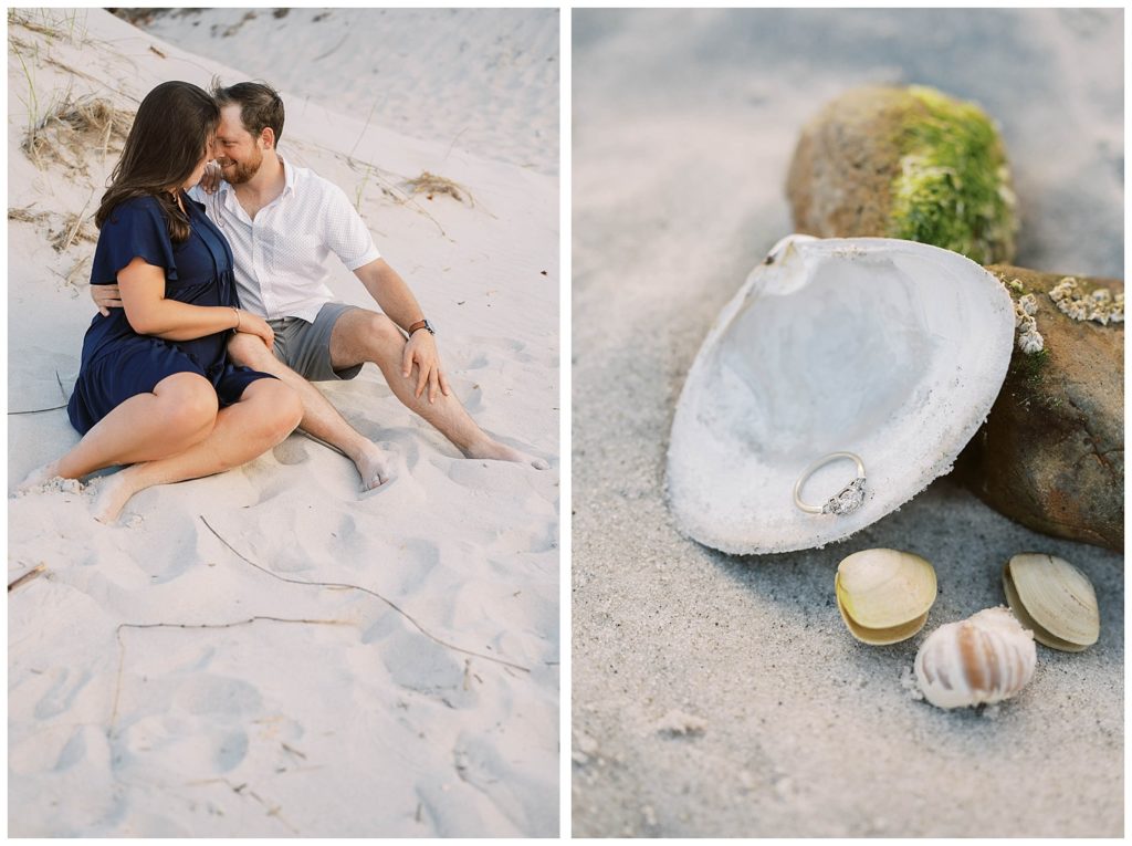 engagement ring on shells at Mayflower Beach