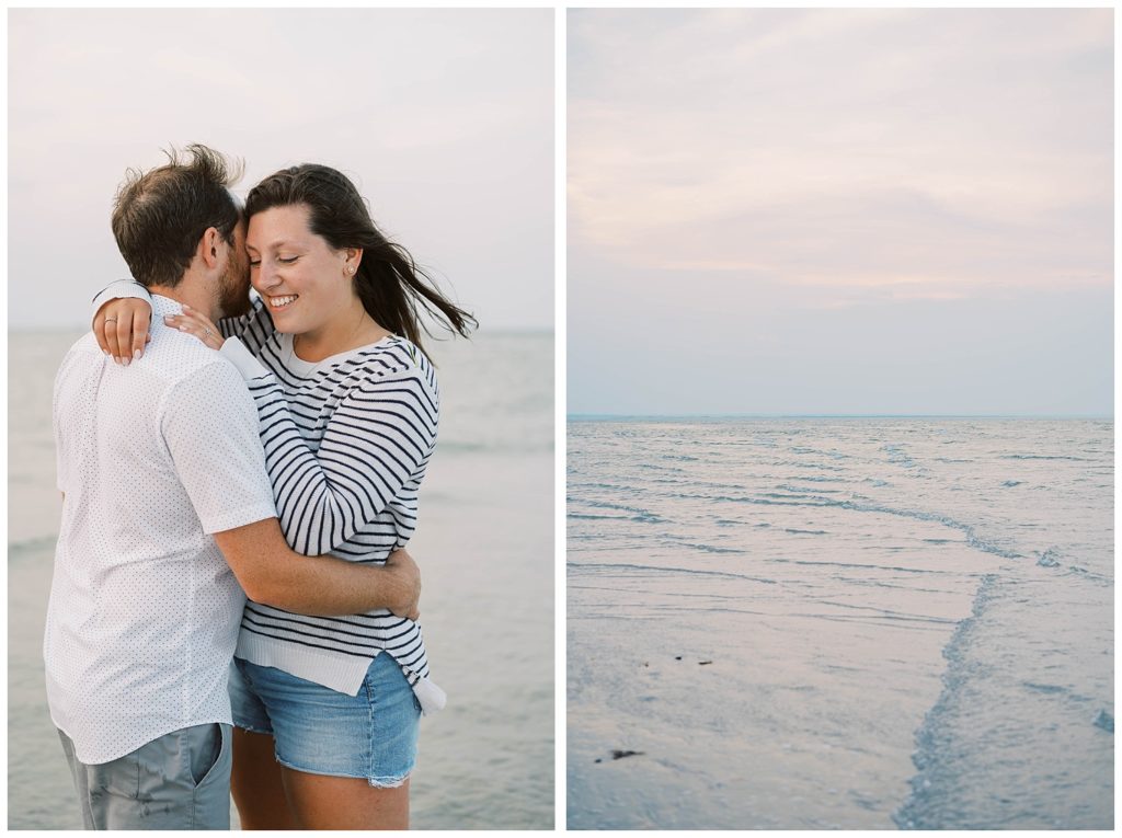 couple holding each other at beach engagement session