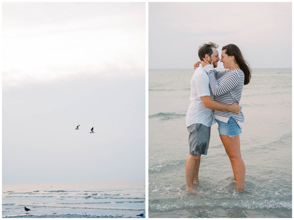 birds flying at the beach at Cape Cod engagement 