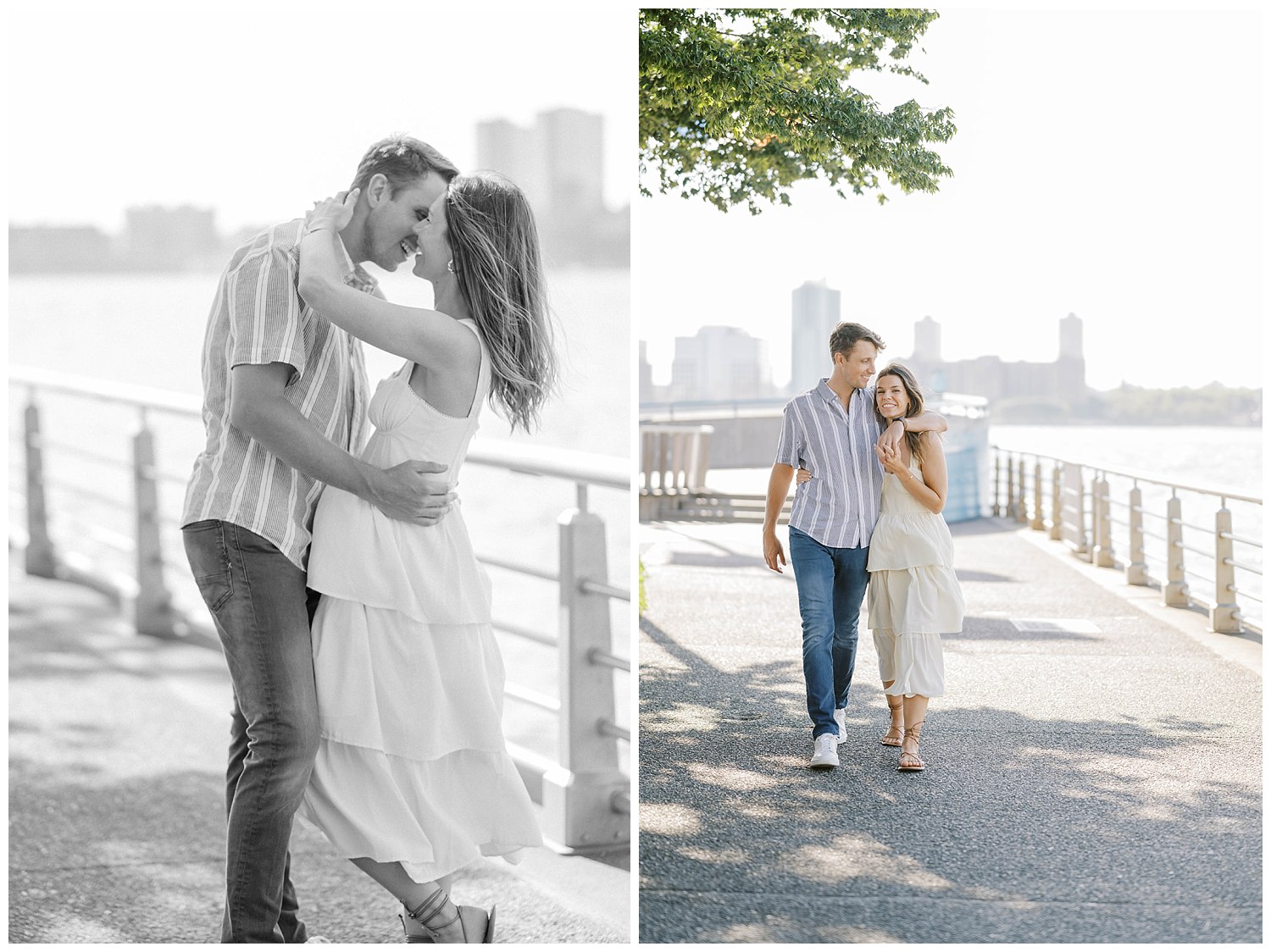 couple walking next to the Hudson River at New York City engagement session