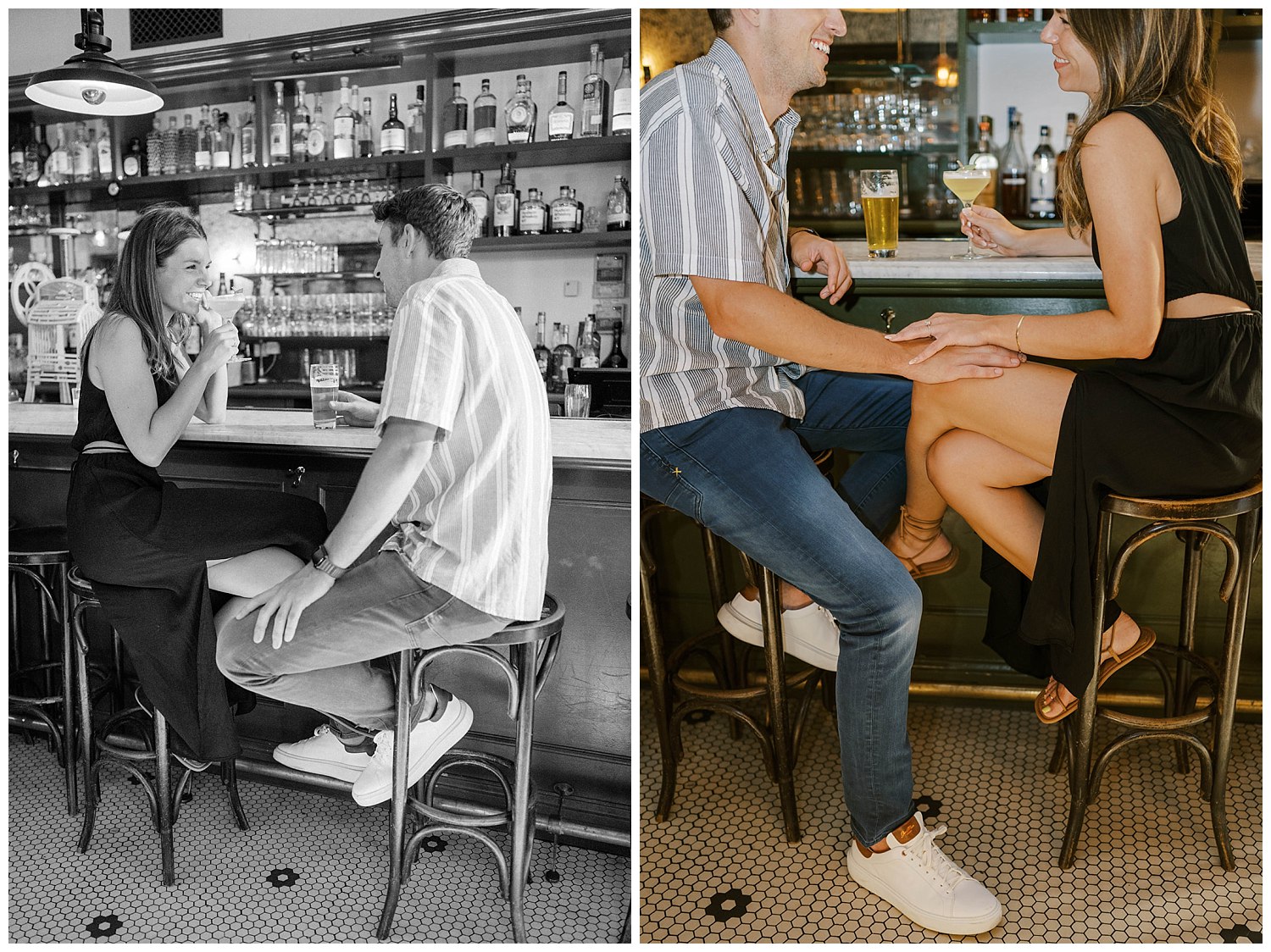 engaged couple sitting at a bar and toasting drinks in New York City