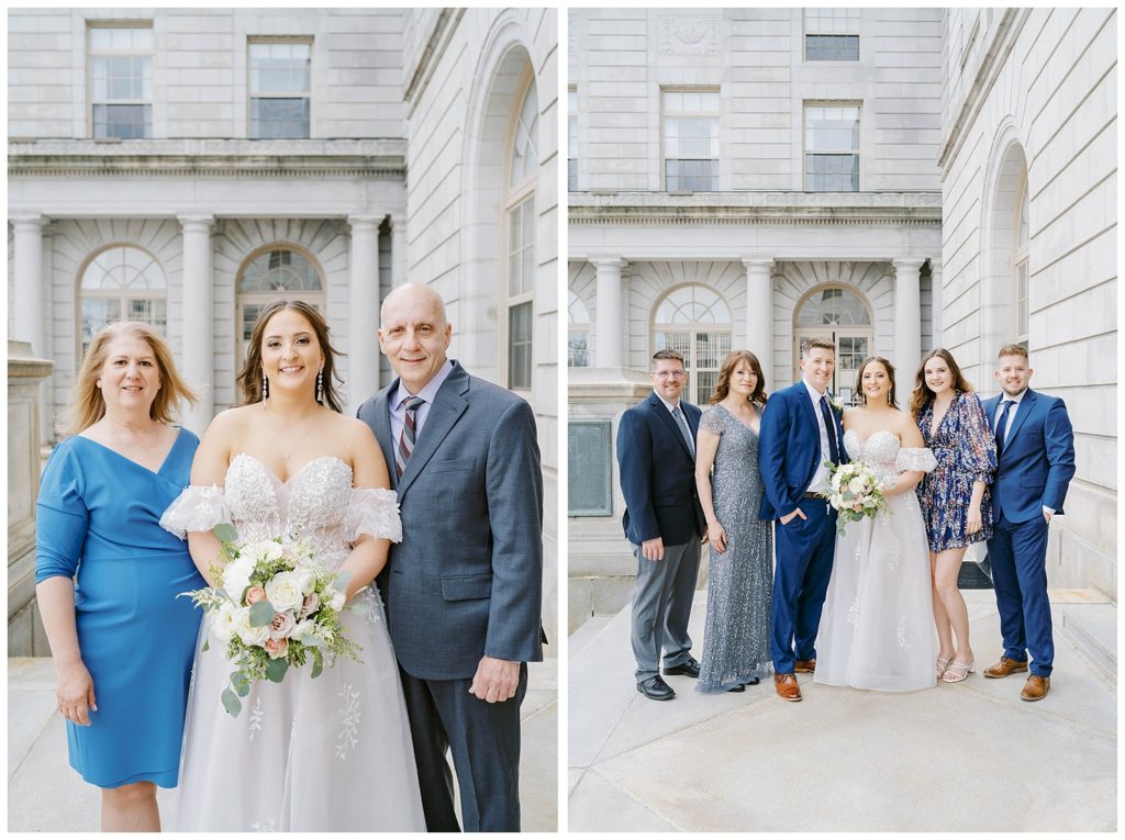 wedding couple posing with family outside Portland City Hall