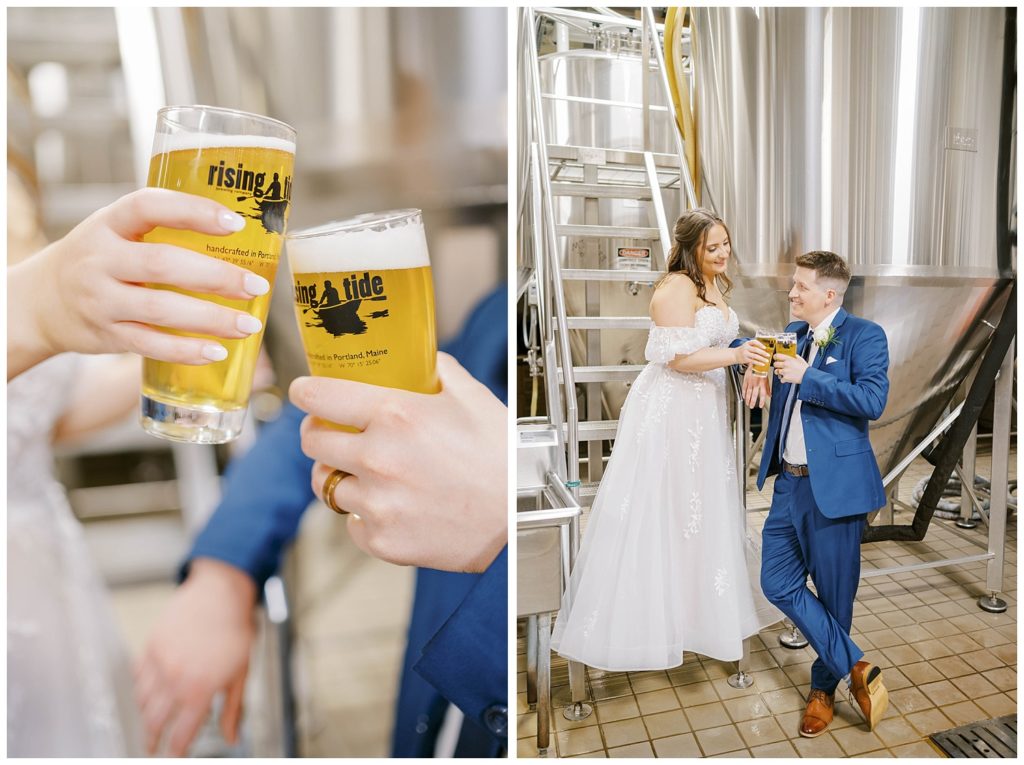 bride and groom toasting with Rising Tide Brewery beers in Portland