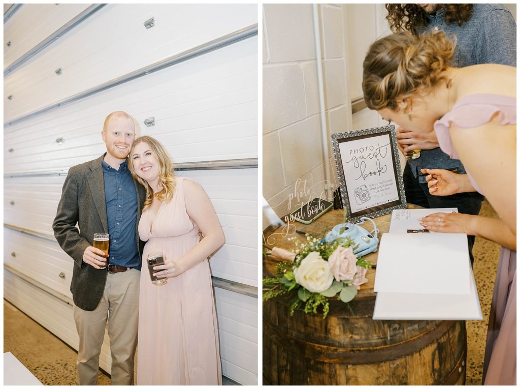 bridesmaid signing a guest book at reception at Rising Tide Brewery