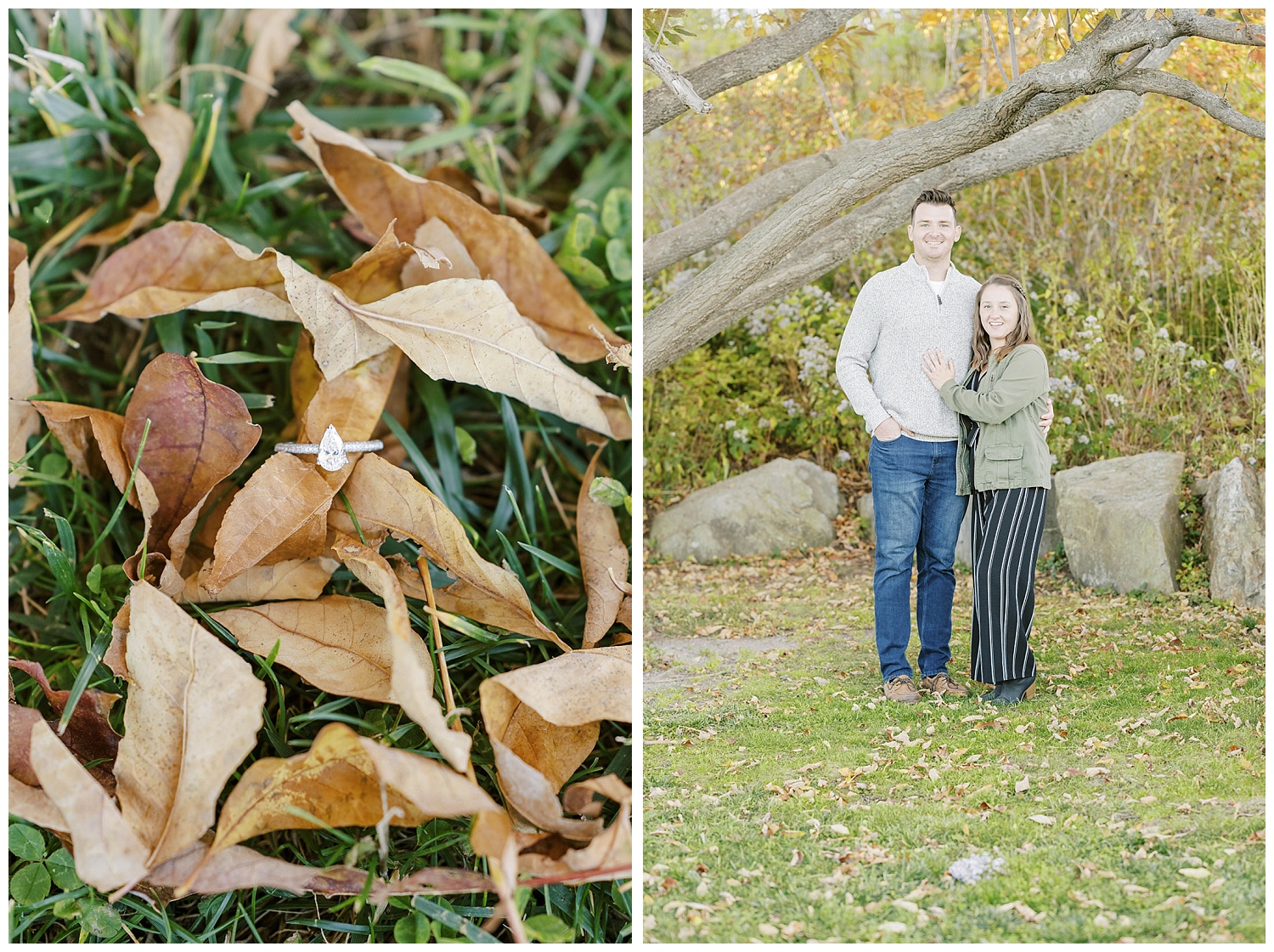 engagement ring sitting on brown leaves at Fort Williams Park