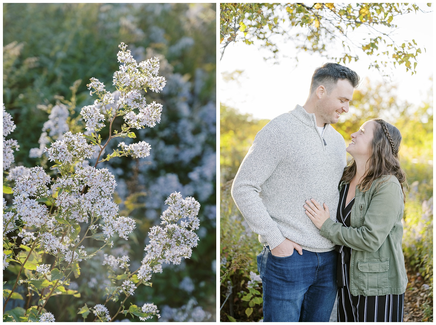 couple walking on flower path at Fort Williams Park engagement session