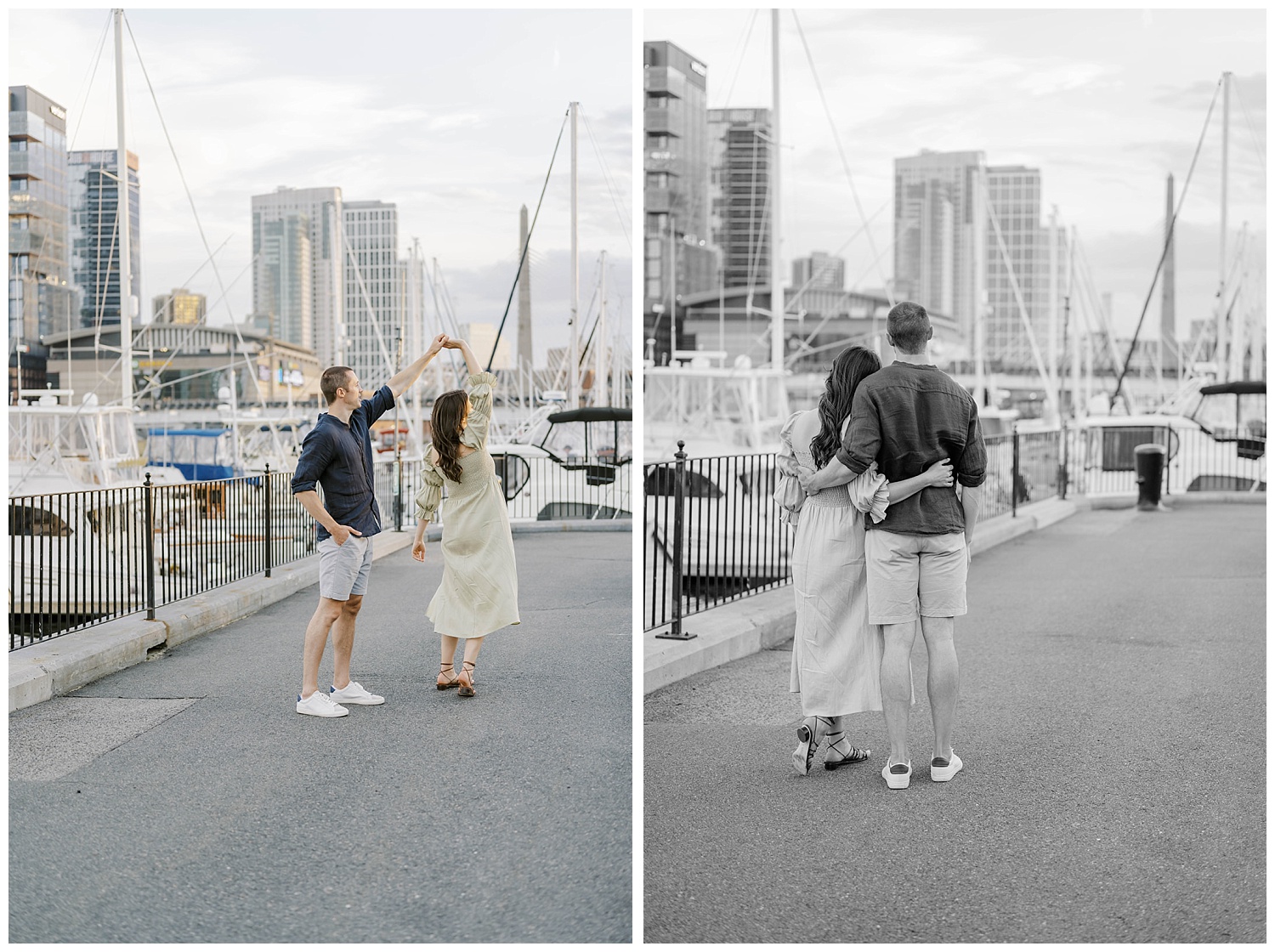 couple twirling near the water in Boston at engagement session