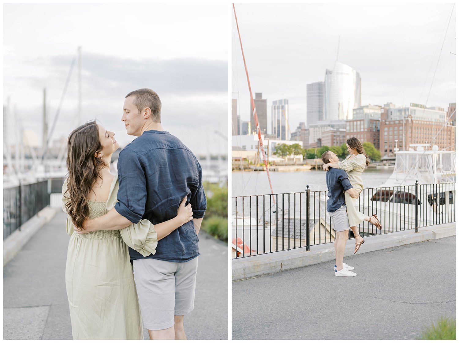 couple posing near the water in Boston at engagement session