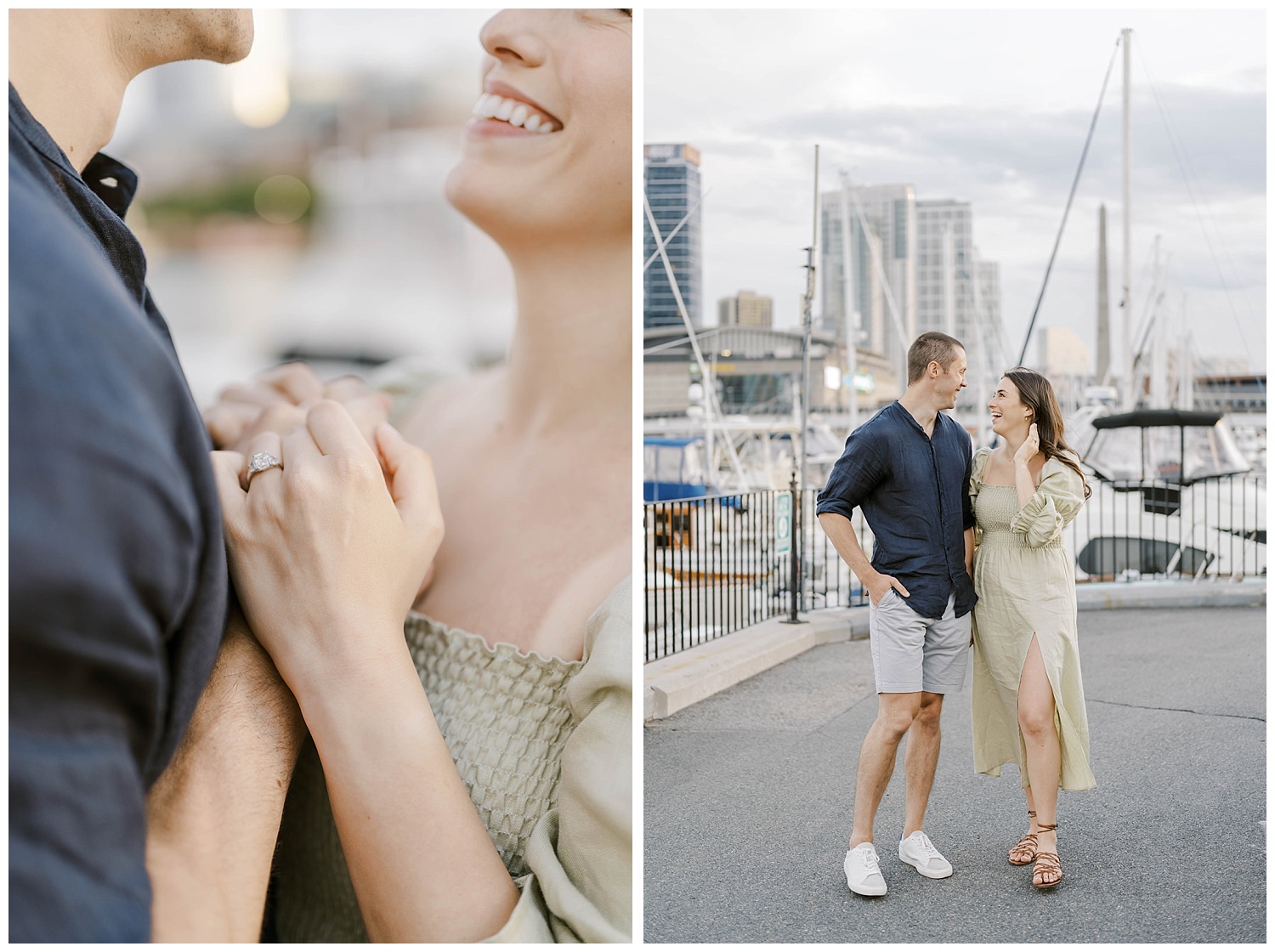 couple smiling at Boston engagement session near the water 