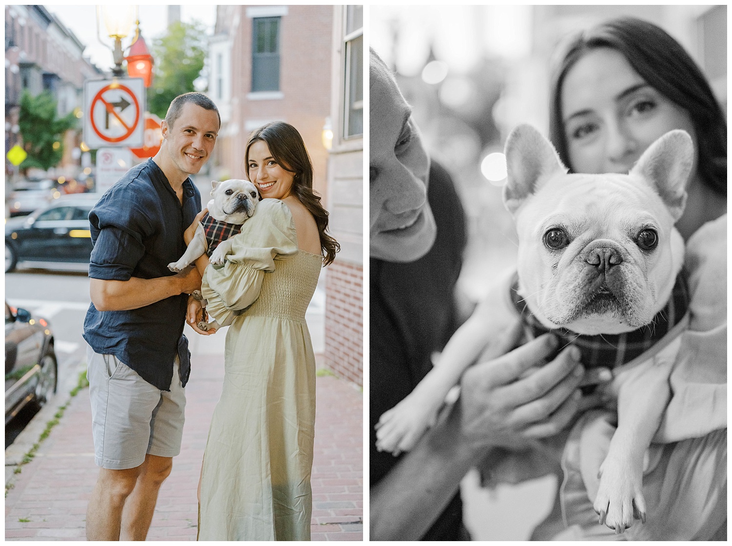 engaged couple holding their French bulldog at Boston photo session