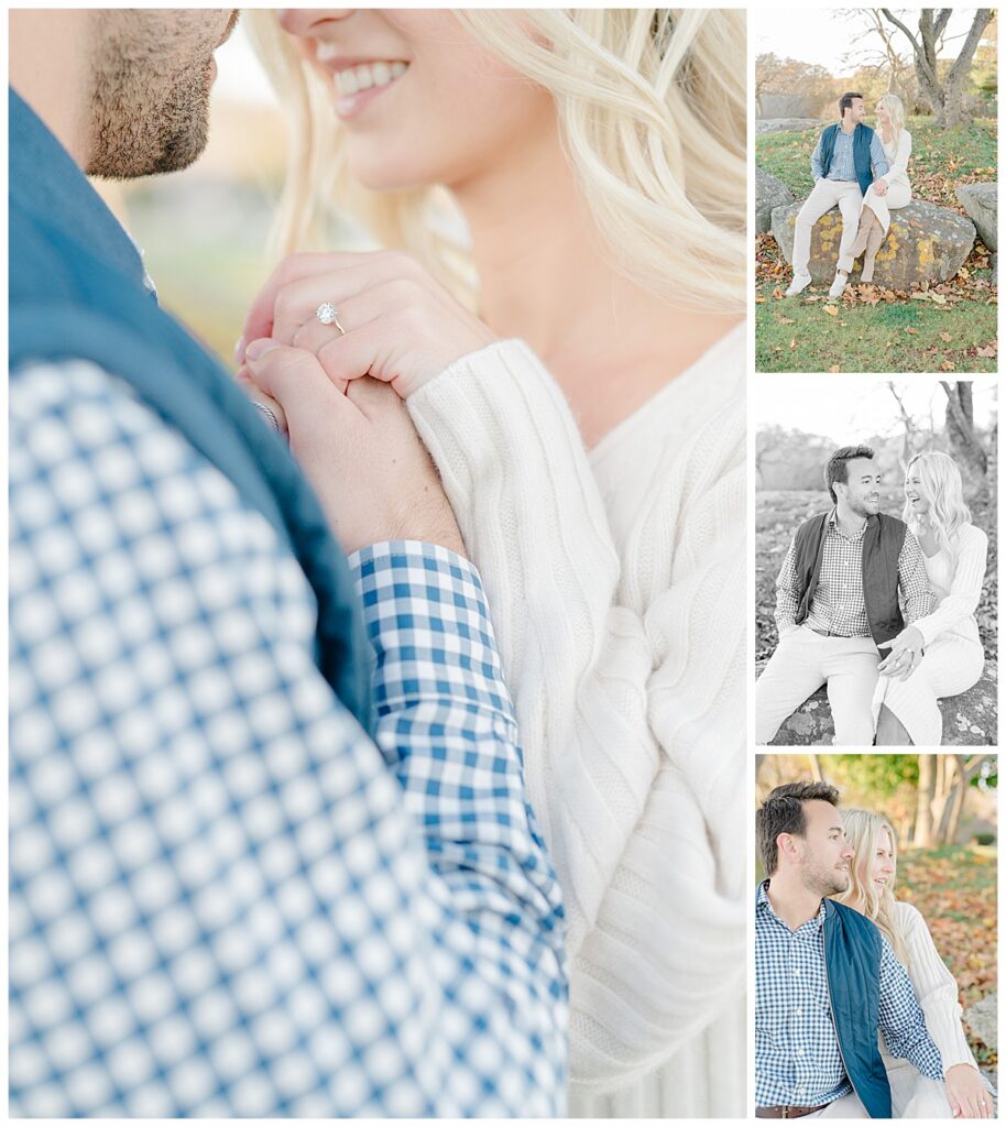 Carissa and Brett sharing a kiss during their winter engagement session in New England.