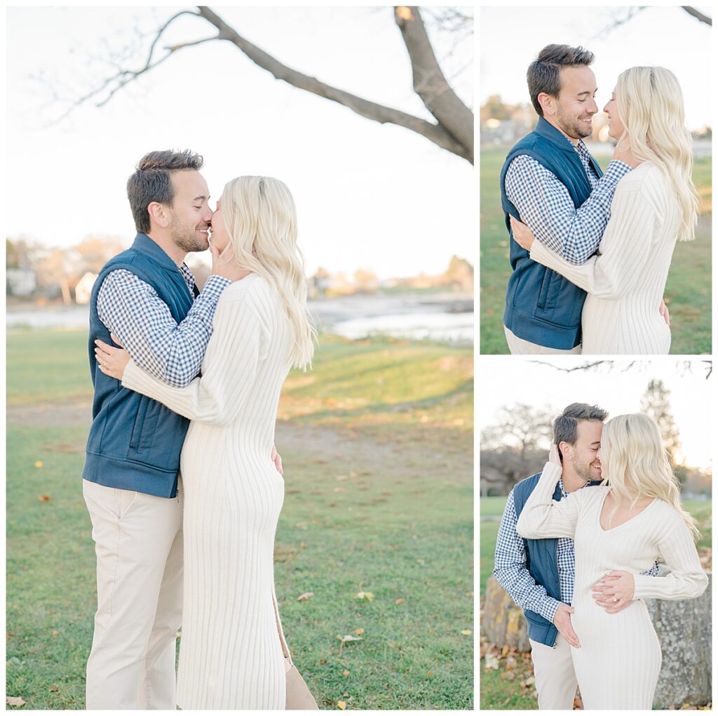 Carissa and Brett looking into each other's eyes during their winter engagement session in New England.