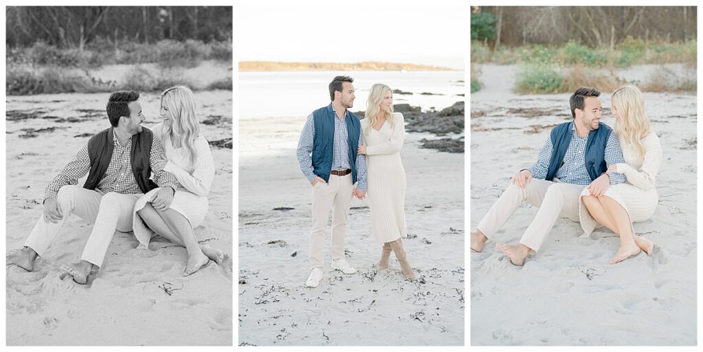 Couple sitting at the beach during a winter engagement session in New England.