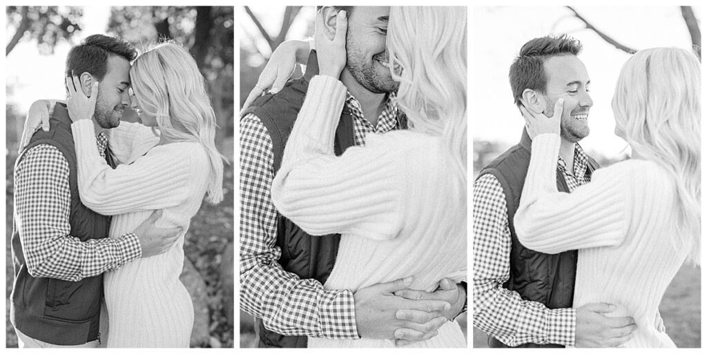 Candid moment of Carissa and Brett laughing during their winter engagement session in New England.